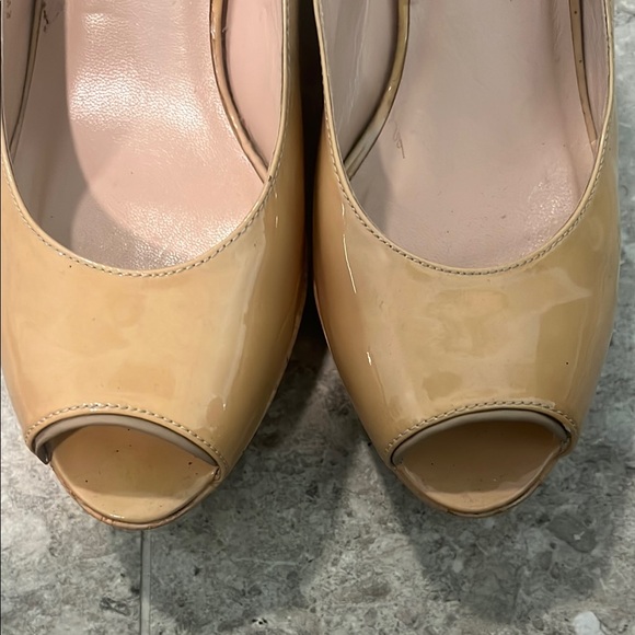 Stuart Weitzman Tan Peep-Toe Wedge Sandals - Picture 2 of 5